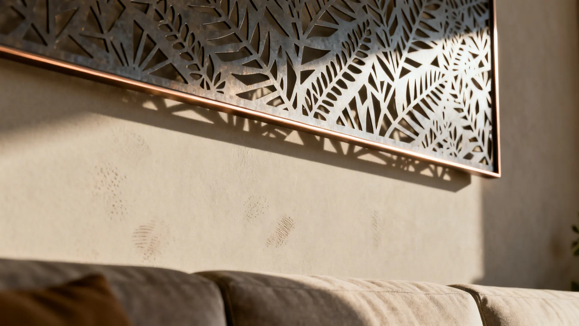 Thin laser-cut metal panel with geometric botanical pattern casting shadows on a living room wall