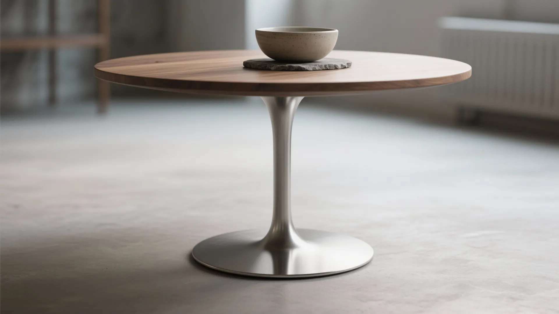 Close-up of a slim metal pedestal base supporting a round tabletop with a stone coaster and ceramic bowl.