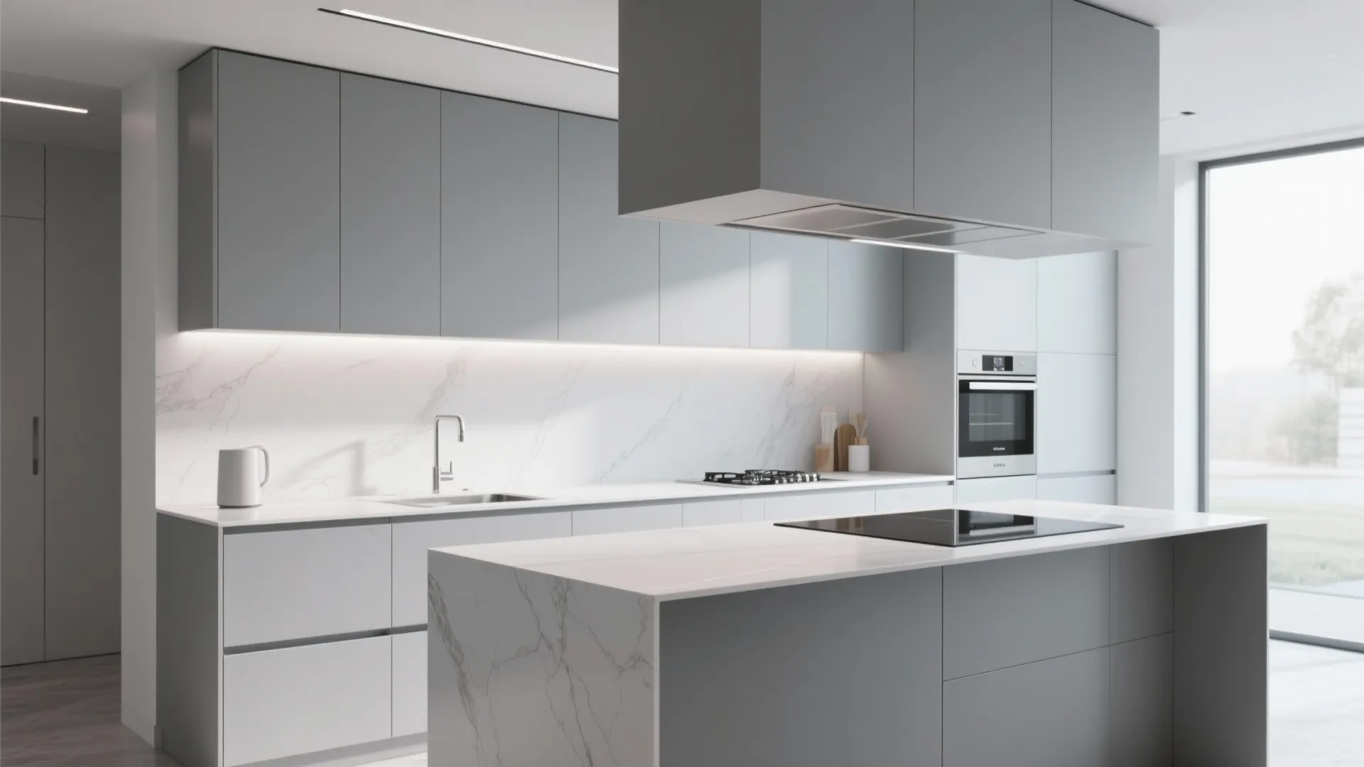 Modern minimalist kitchen with grey cabinets, marble island, white backsplash, oven, and bright natural light