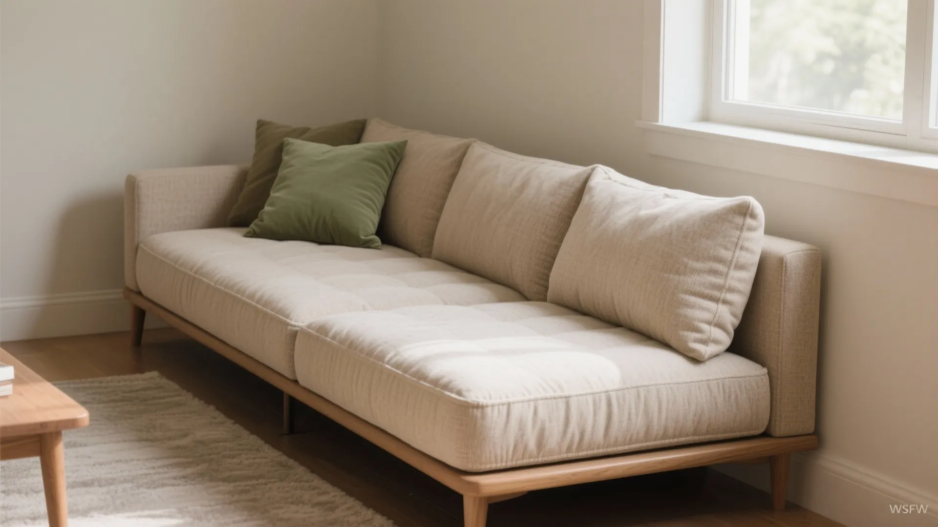 Modern cream sofa with wooden legs and green pillows placed near a bright room window