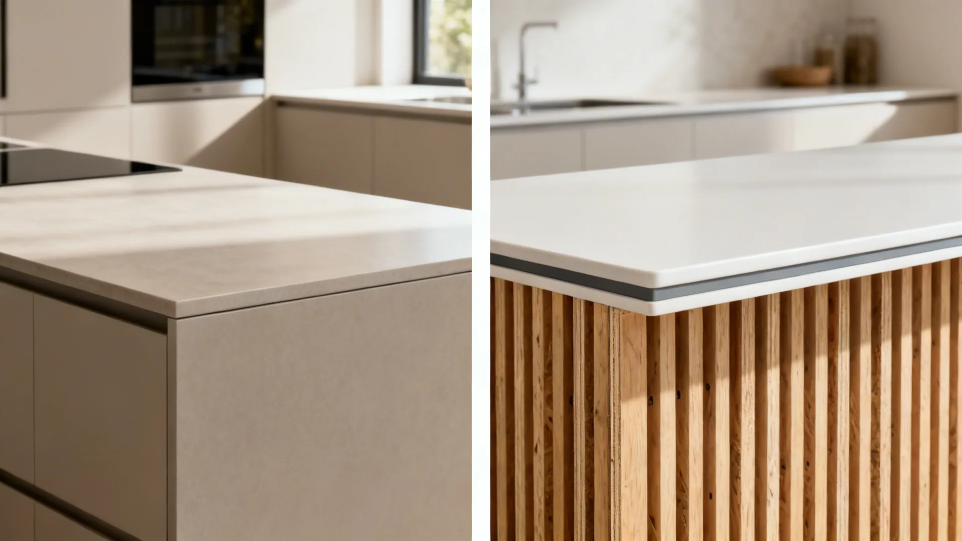 Split view comparing a thick counter to a thin-profile porcelain top with reinforcement.