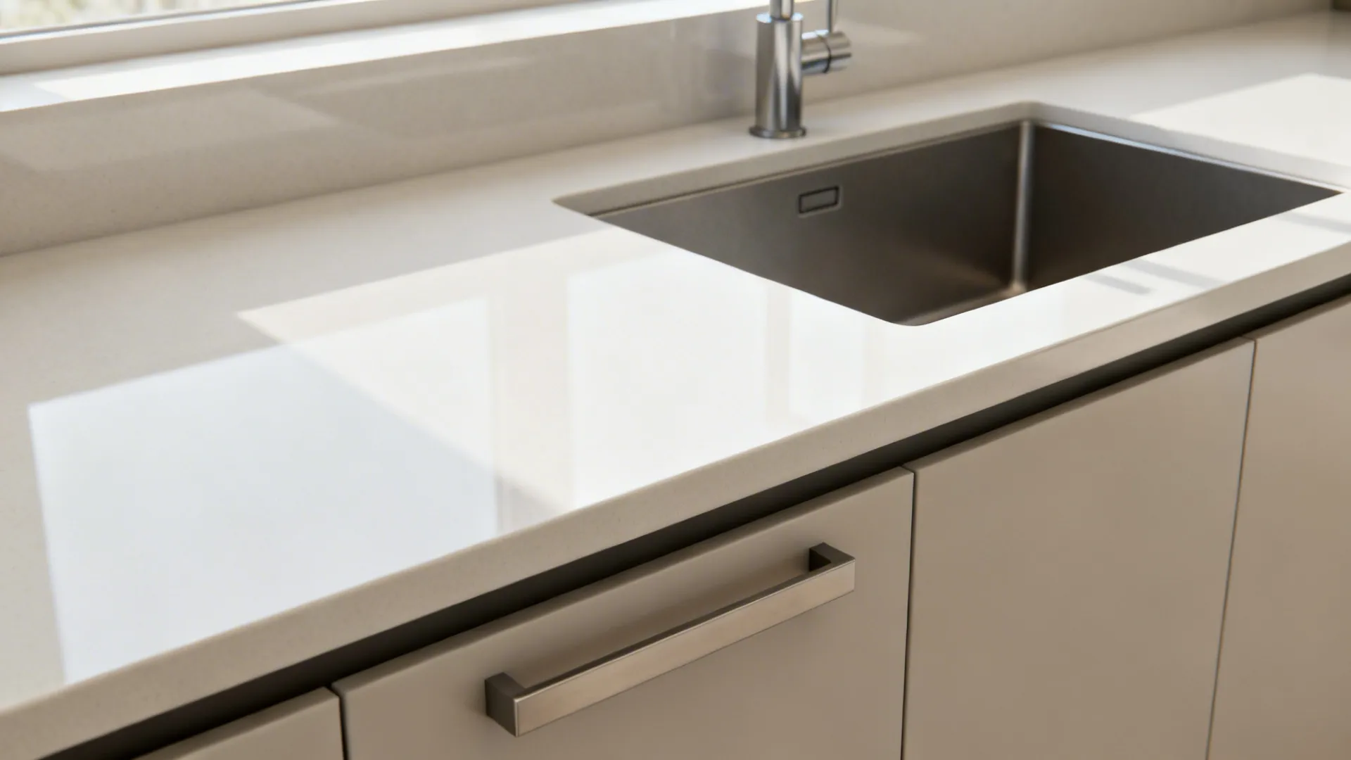 Thin-profile porcelain countertop with eased edge and flush-mount sink above handleless cabinets.