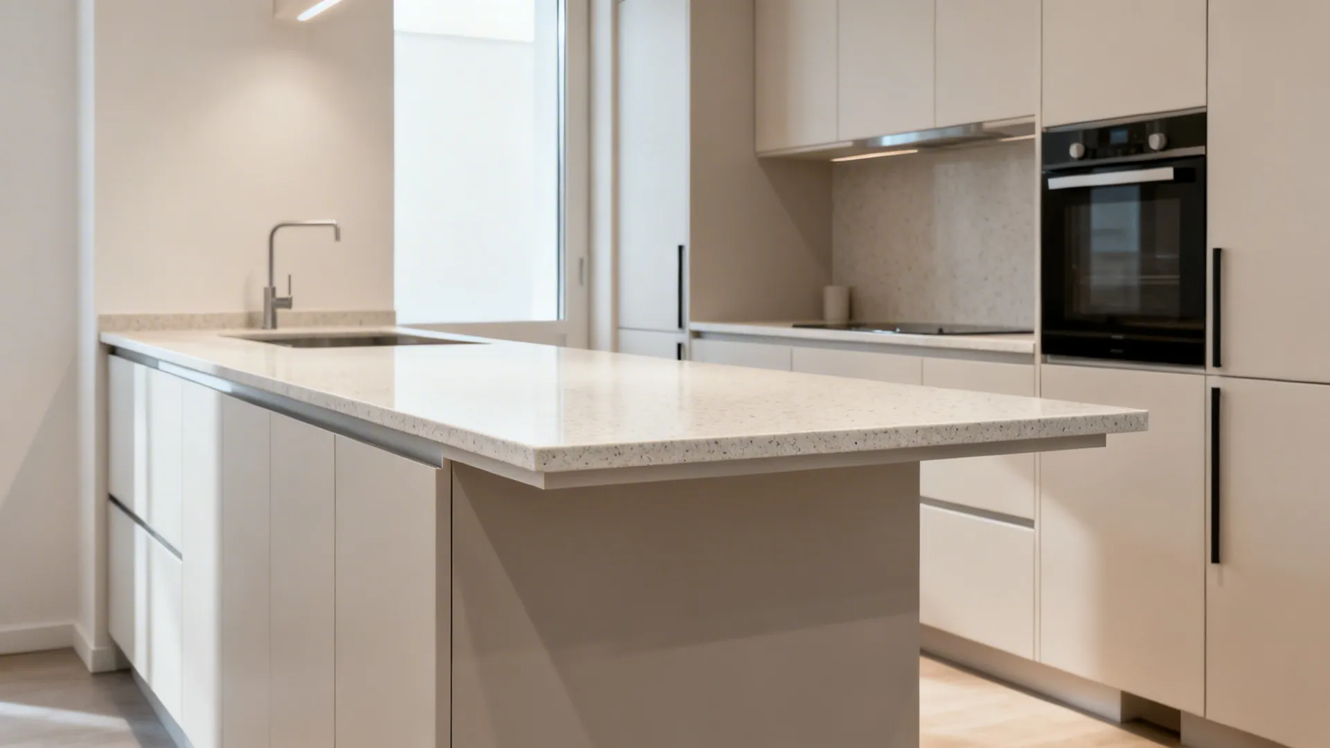 Micro kitchen with 20 mm thin-profile light granite and floating edge effect.