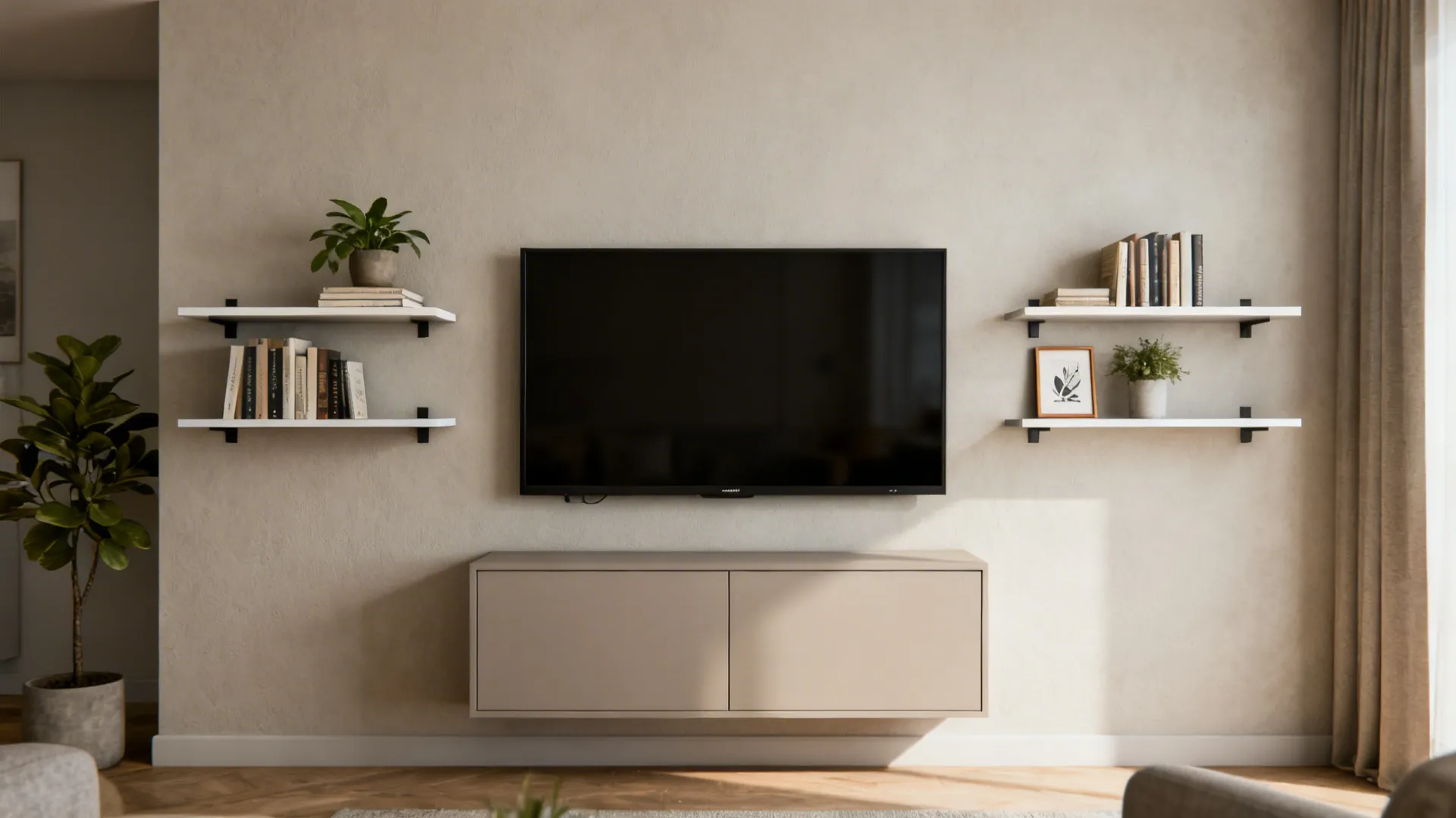 TV wall with ultra-thin shelves beside the screen and a closed base cabinet for hidden storage.