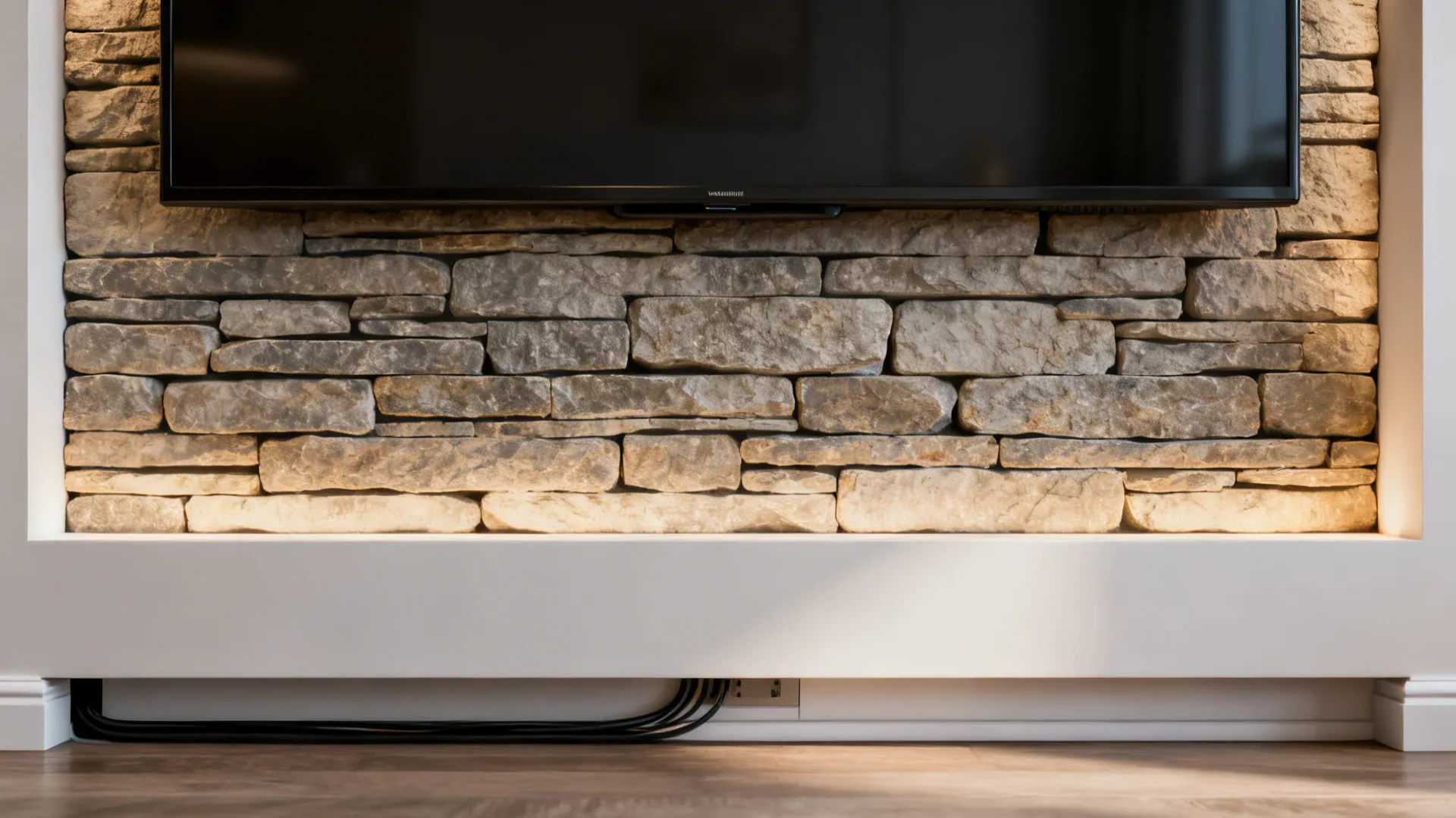Close-up of thin stacked stone veneer behind a mounted TV with subtle uplighting and concealed wiring