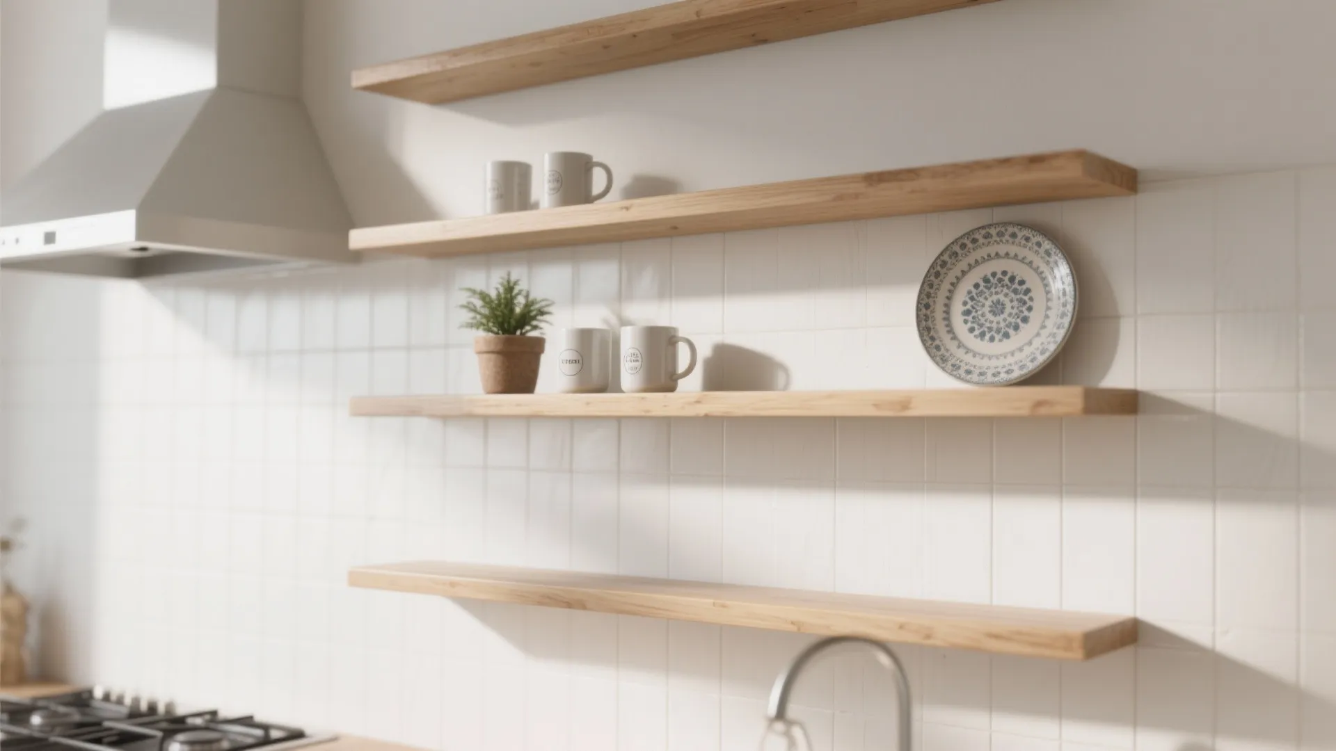 1. Thin, staggered wood shelves for a light display