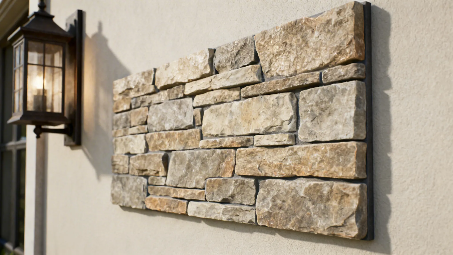 Close-up of thin stone veneer on drywall with neat grout and a nearby wall sconce.
