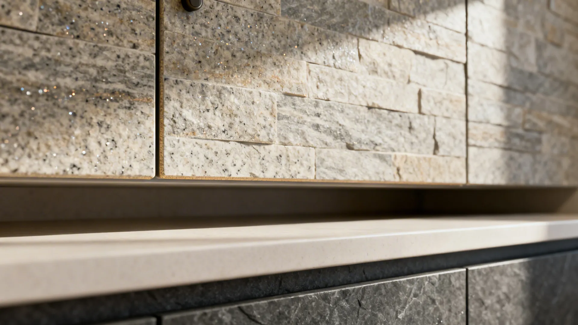 Macro of thin real-stone veneer on an upper cabinet showing mineral texture and clean eased edge.