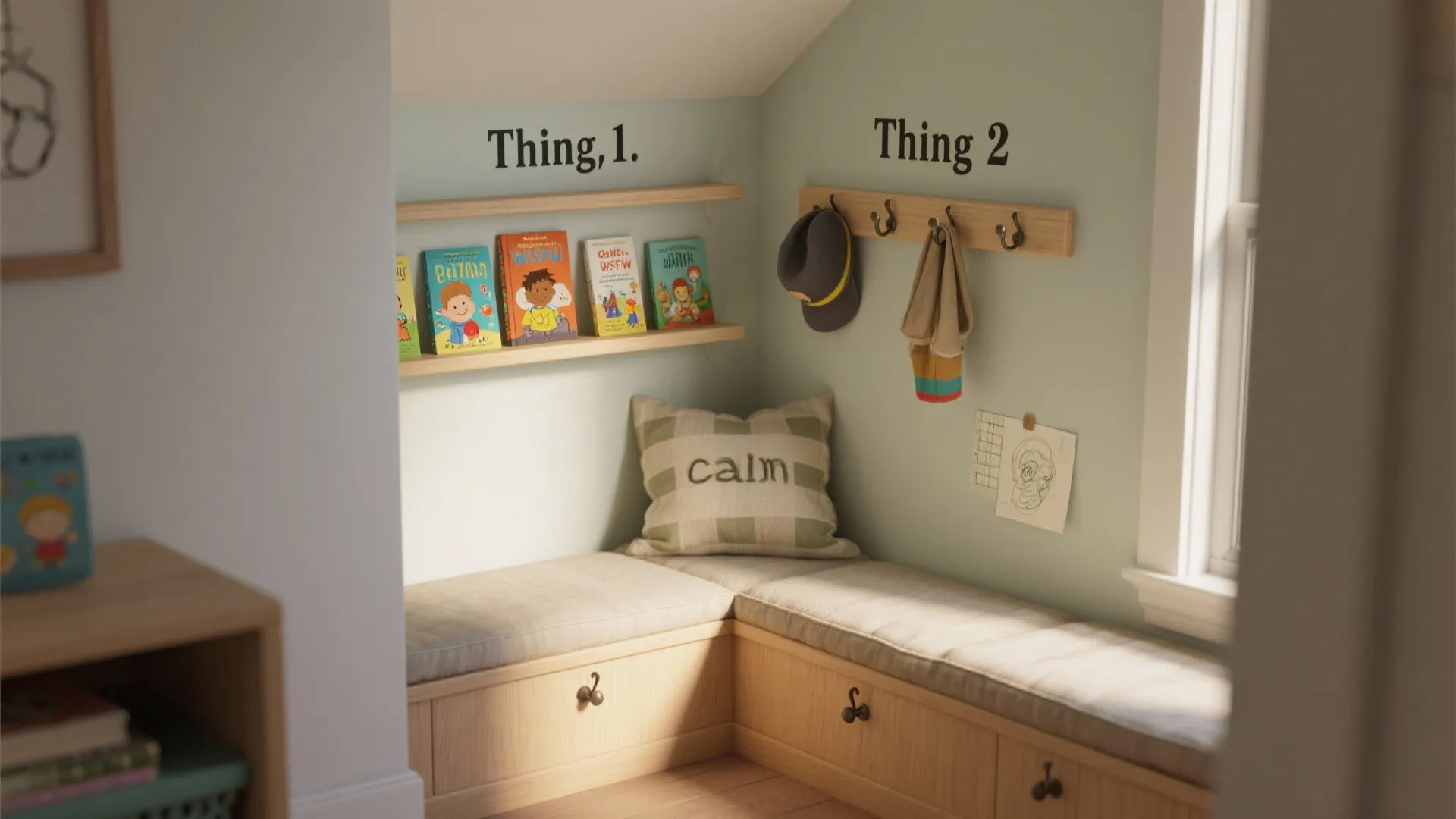 Cozy reading nook with built in wooden bench seating wall shelves and natural window light