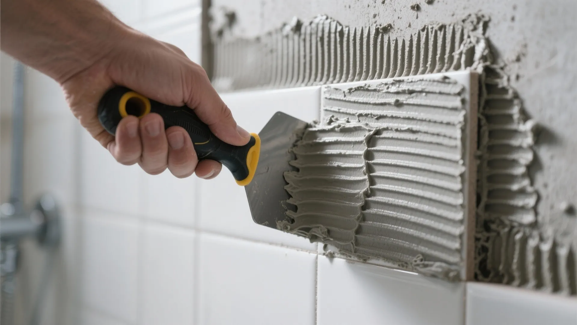 Macro of thinset ridges on cement board with a porcelain tile being back-buttered for a shower wall.
