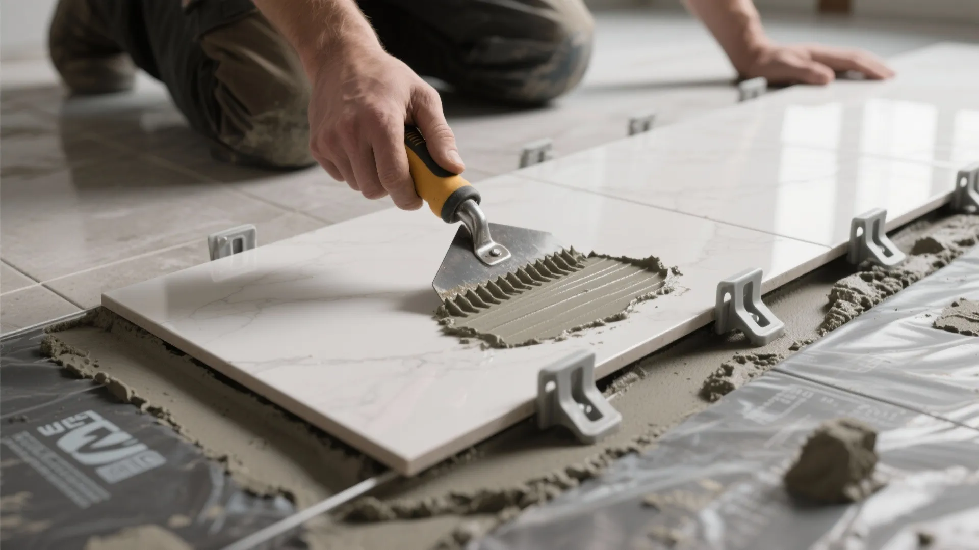 Worker using a metal tool to apply cement on a white floor tile during installation