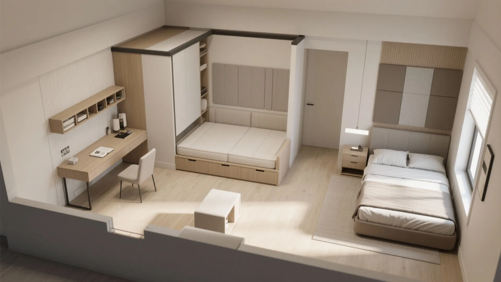 Flexible third bedroom: study–guest hybrid