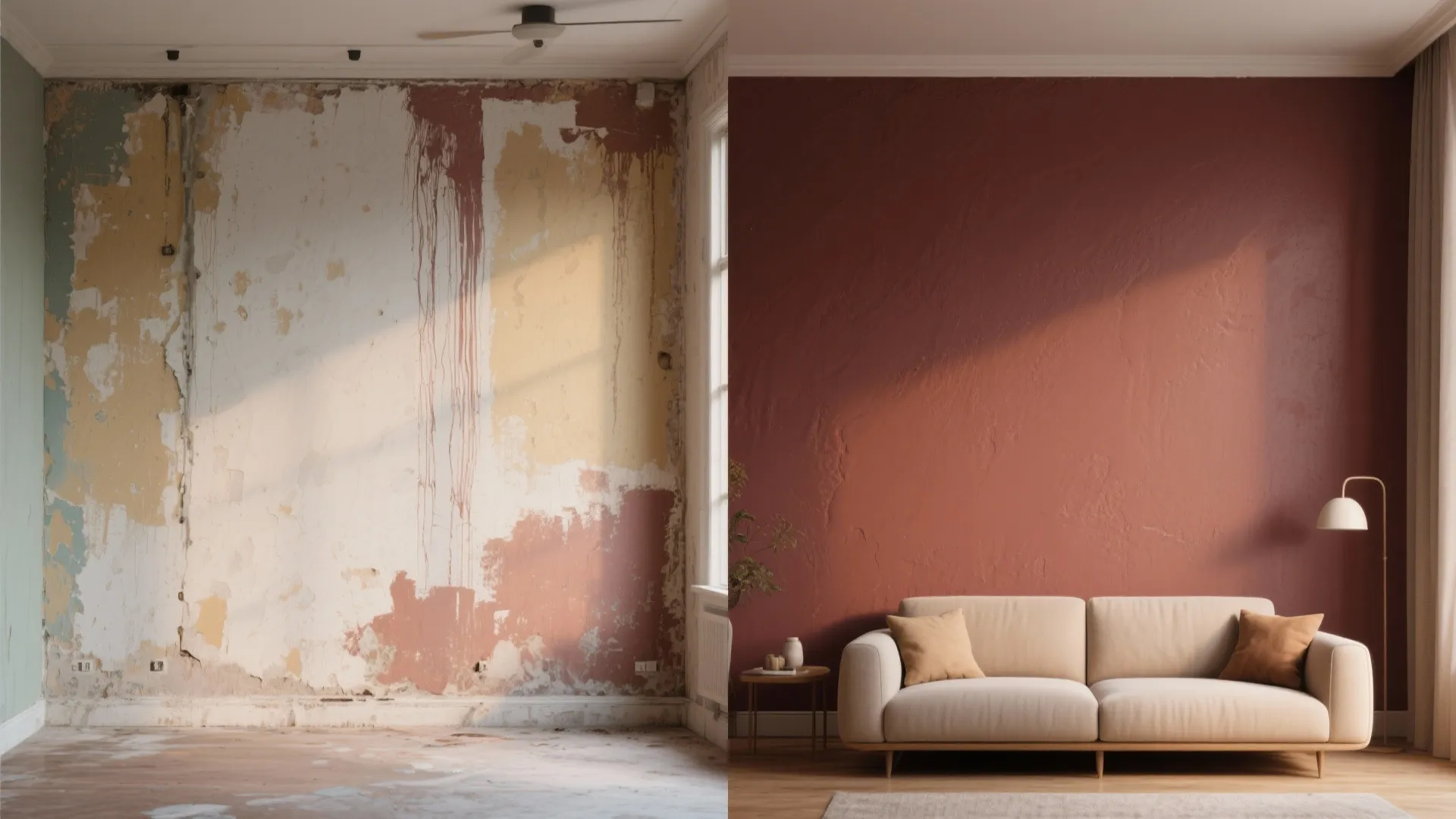 Split-view showing a streaky wall after two coats and the same wall uniformly covered after a third coat.