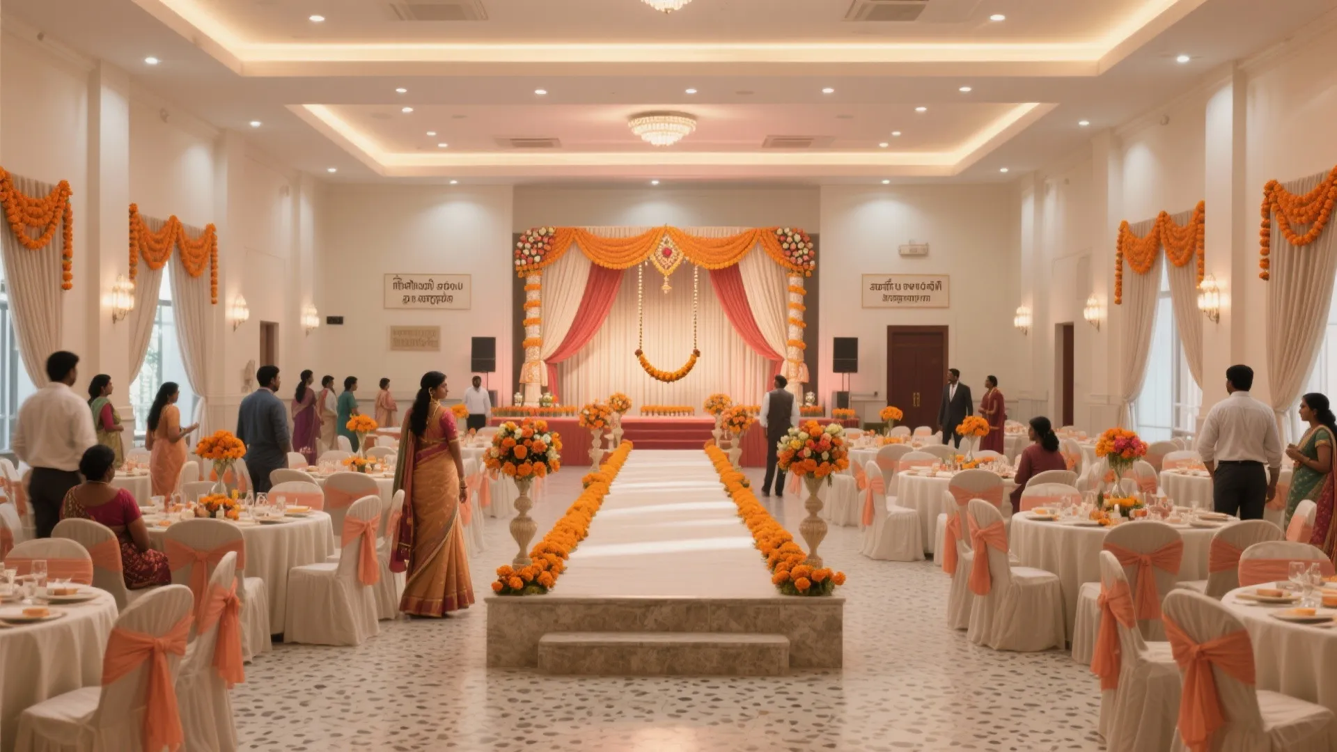 Large wedding hall featuring orange flower decorations, round dining tables, white chairs, and central walkway