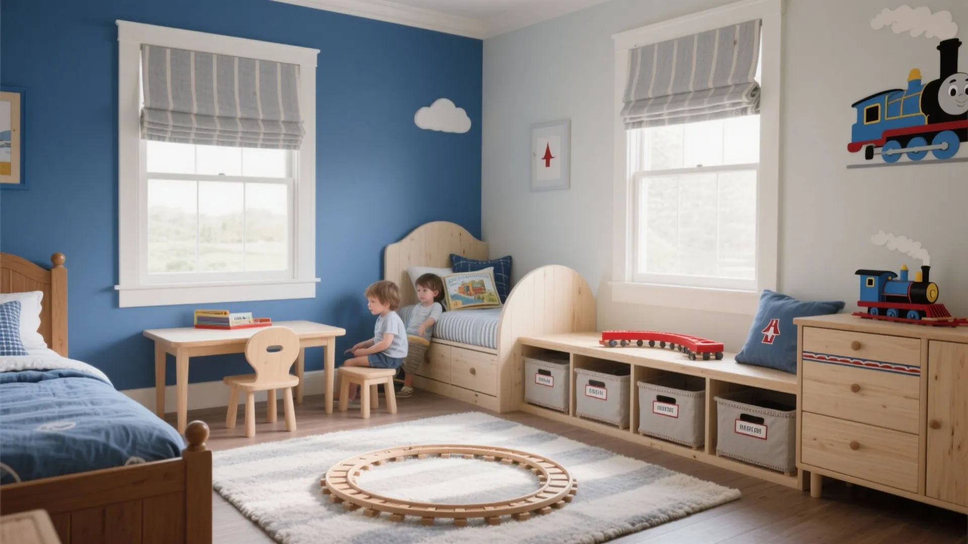 Bright blue kids bedroom with light wood furniture and two children sitting near train track