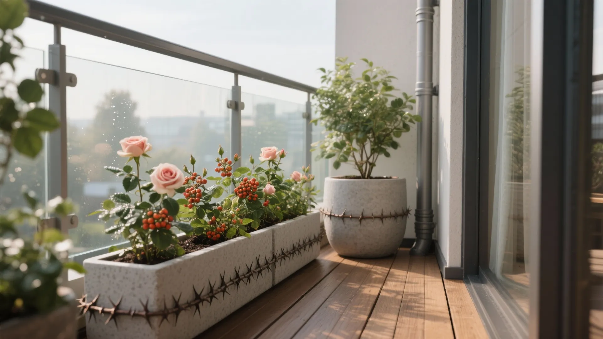 Thorny planters lining a small balcony rail with a tall corner planter blocking approach.