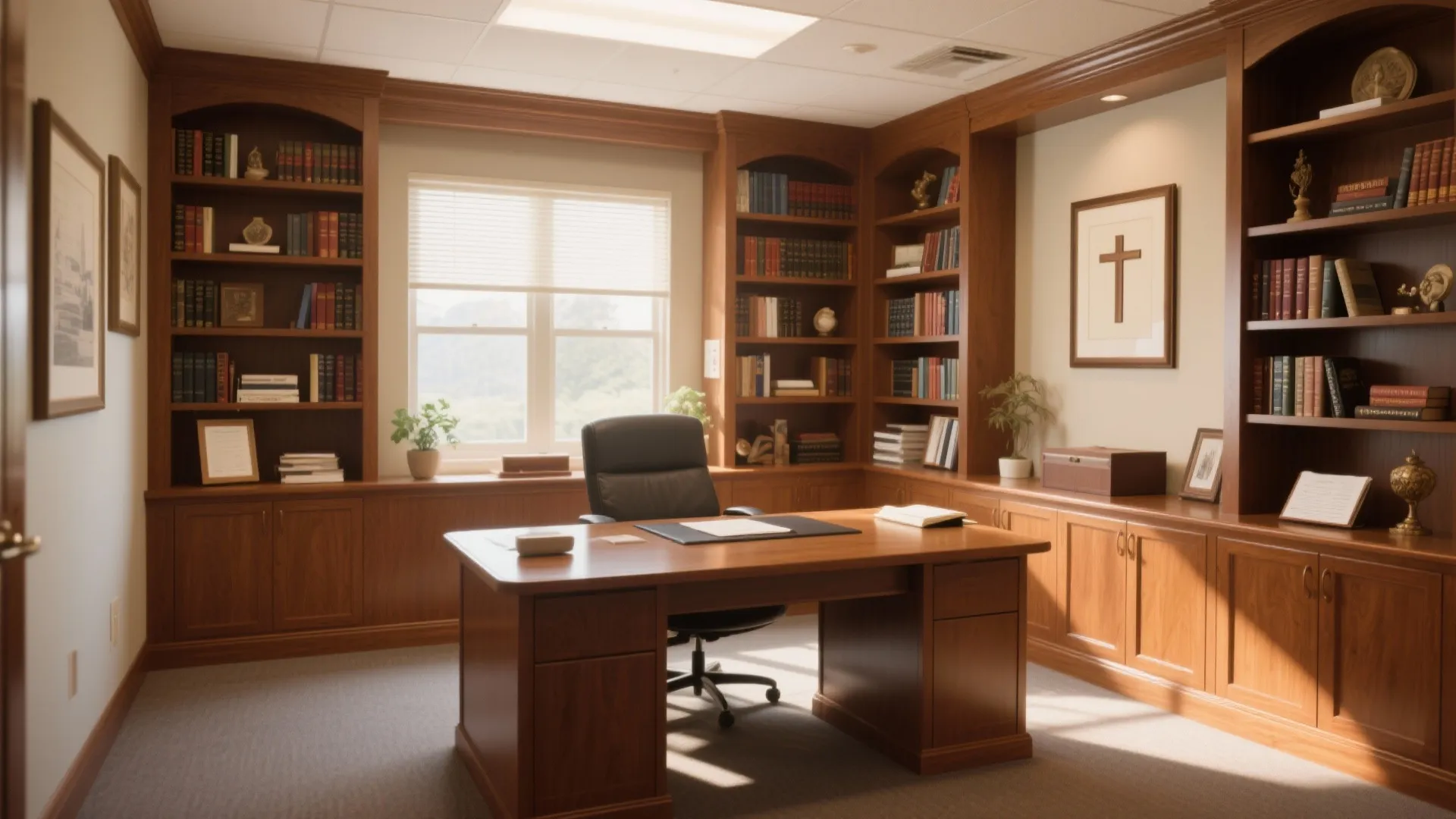 Built-in shelves and floor-to-ceiling bookcase in a pastor's office