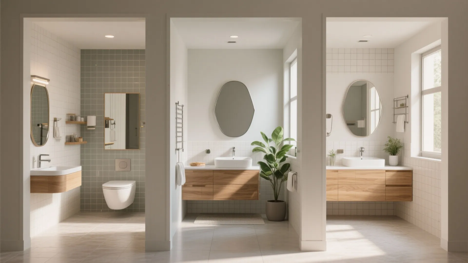 2. Use consistent materials to unify three bathrooms