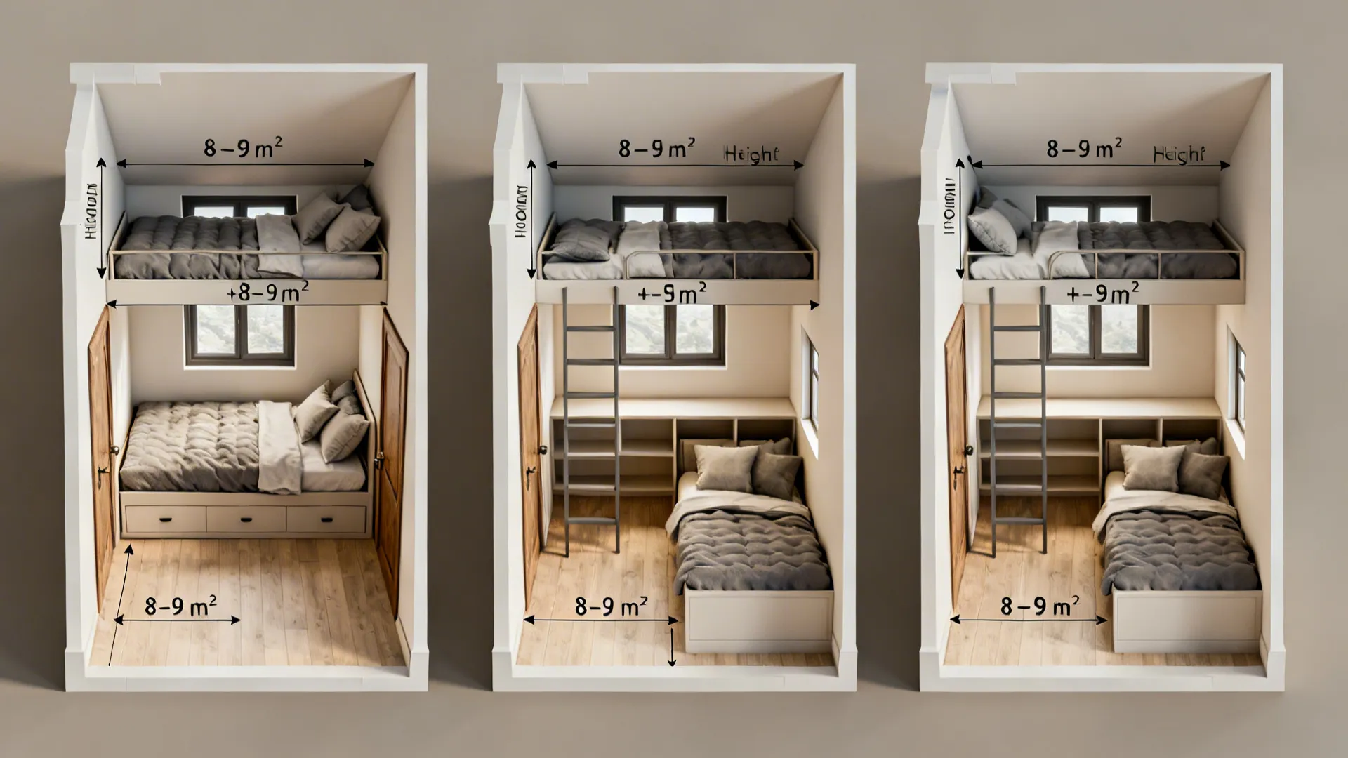 Interior design drawing showing three small bedroom layout options with bunk beds and wood floor