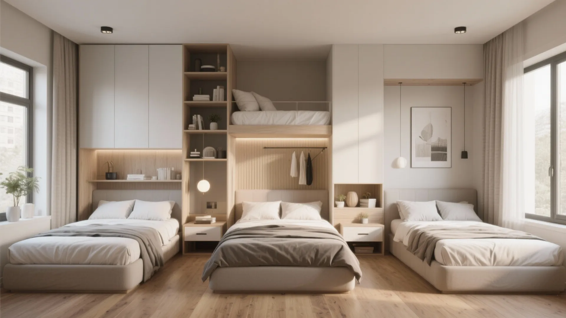 Modern shared bedroom featuring three beds and one small bunk bed with white storage cabinets