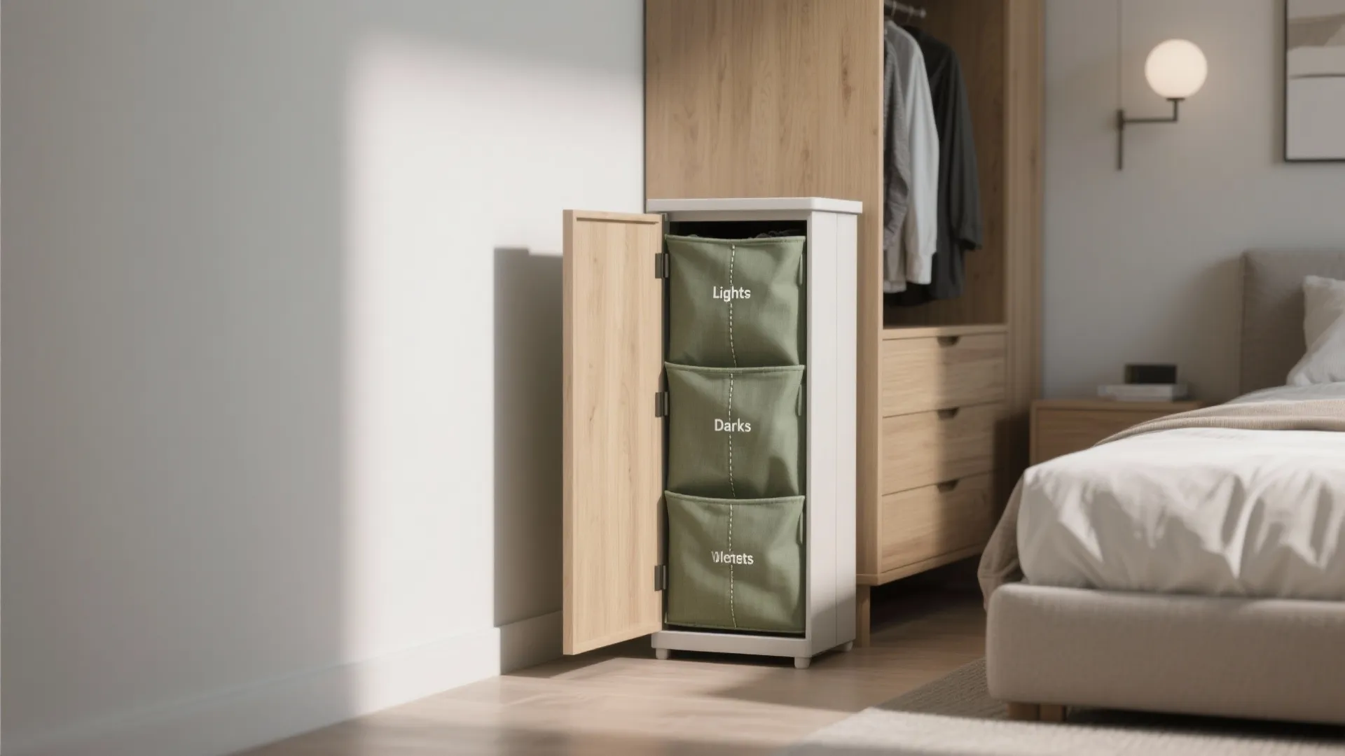 Slim laundry cabinet with three green fabric bins labeled lights darks and whites inside bedroom