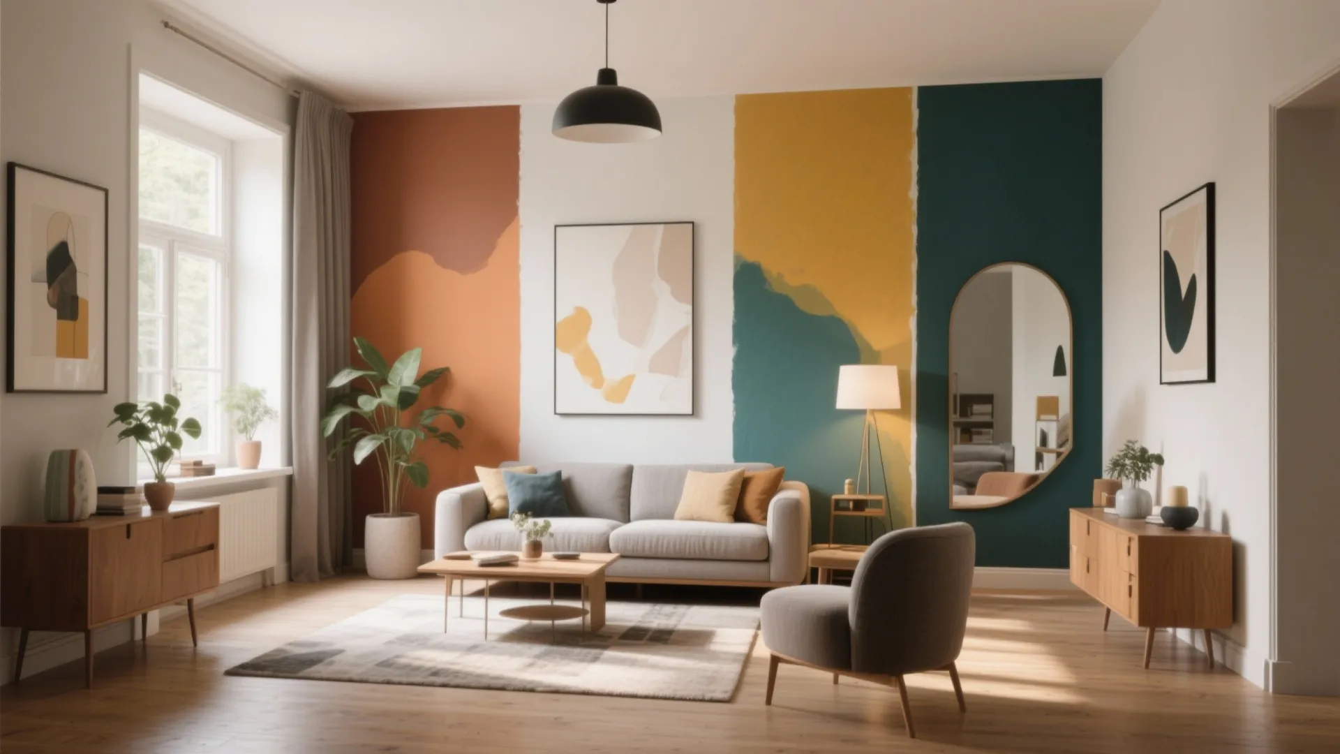 Modern living room with colorful painted wall sections grey sofa wooden cabinets and black ceiling light