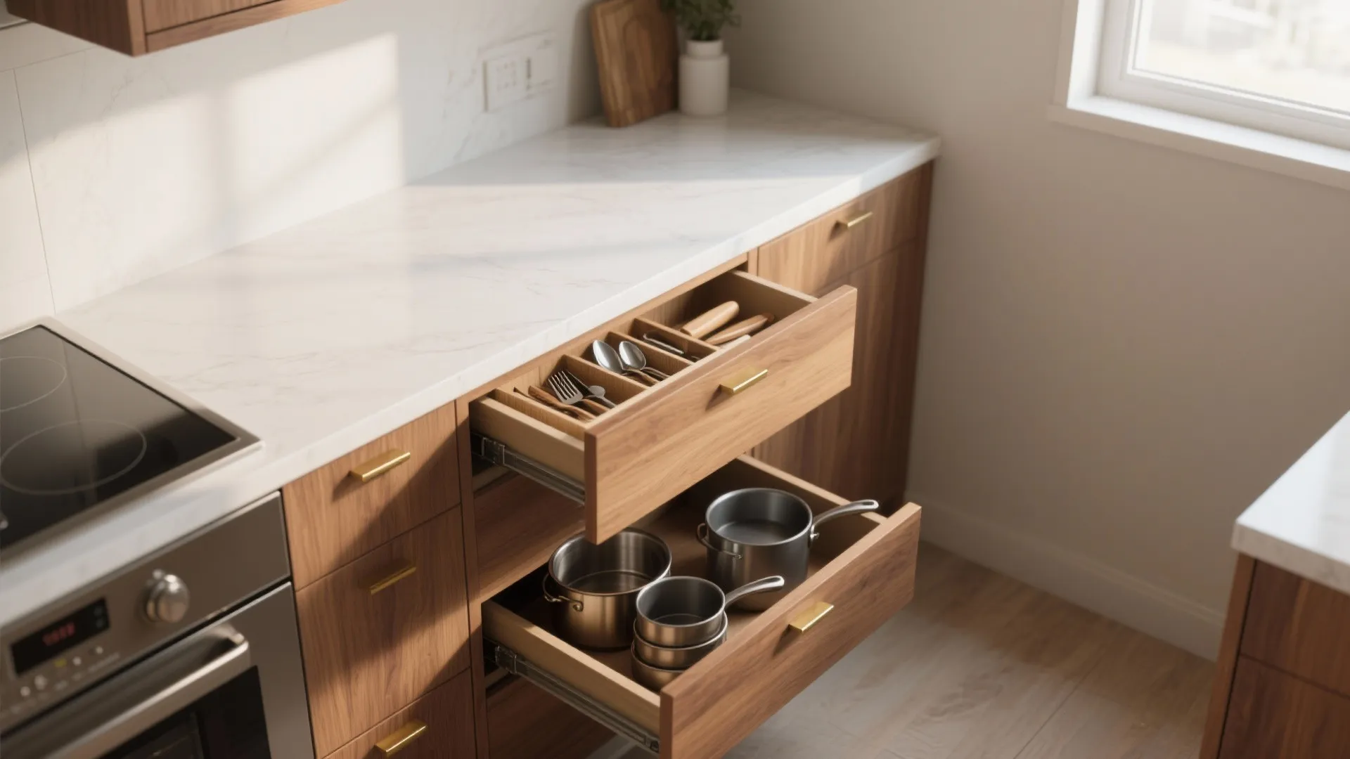 Modern wooden kitchen cabinets with open drawers showing organized cutlery and stainless steel cooking pots