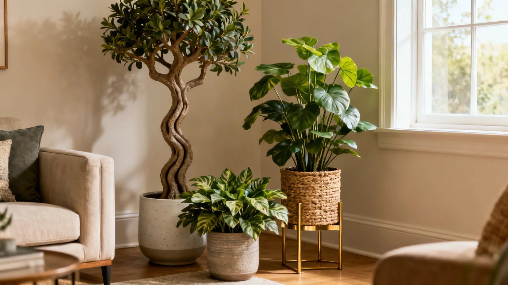Corner with three heights of artificial plants and varied pots for a mini indoor garden.
