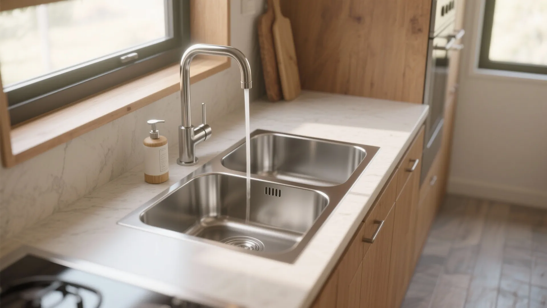 Double bowl stainless steel kitchen sink with silver faucet and wood cabinets in natural light