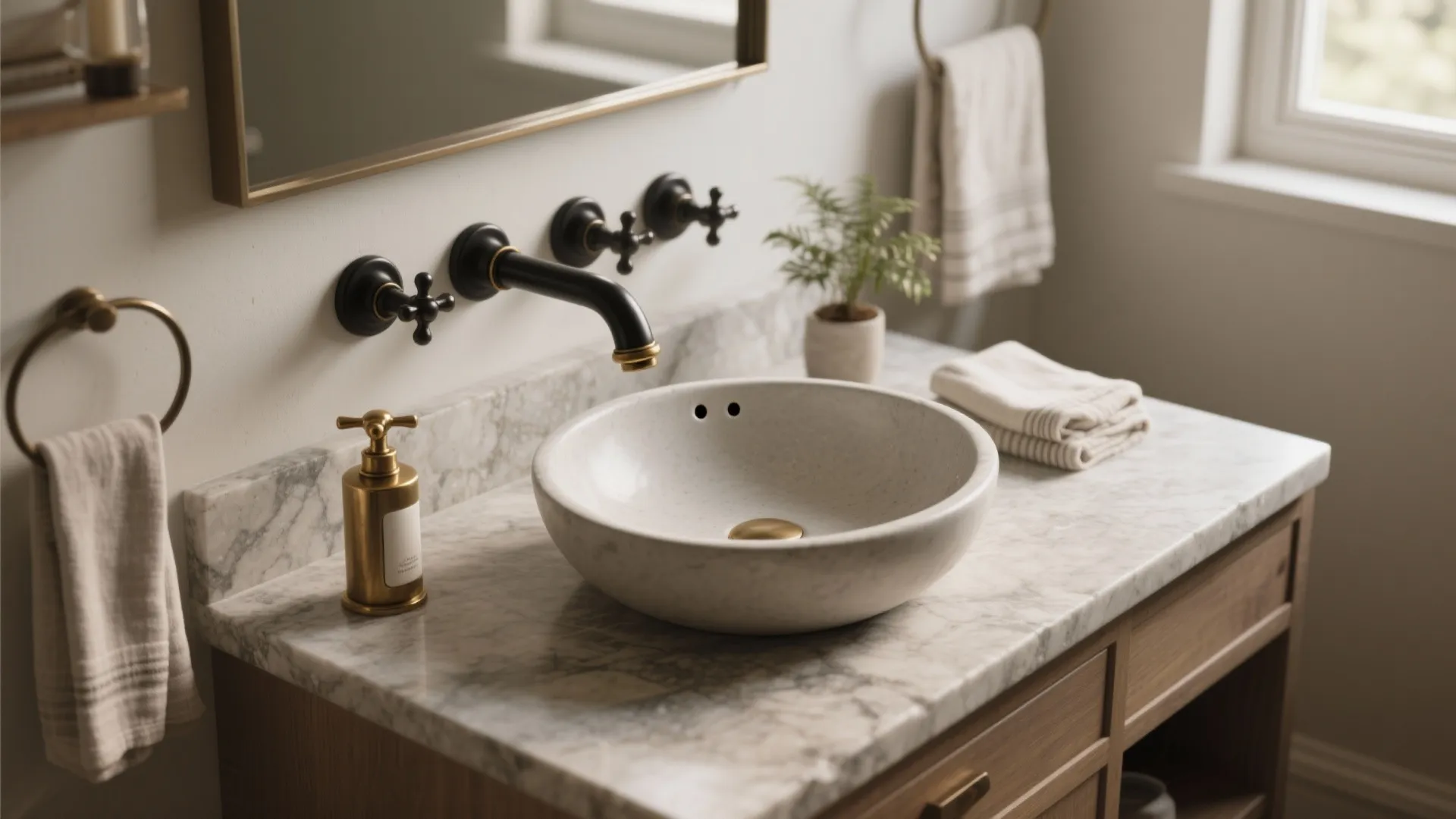 Vintage bathroom with round white basin black wall tap marble counter wooden cabinet and gold soap