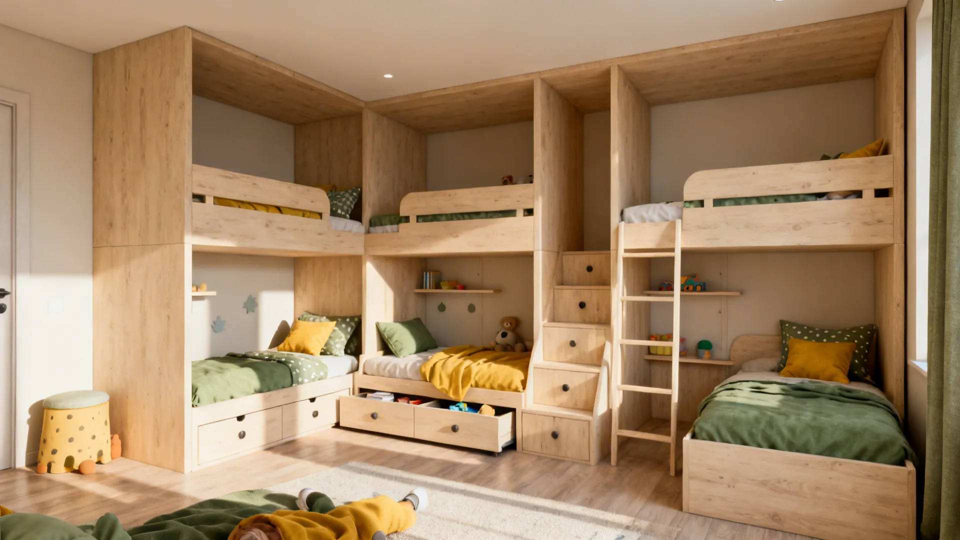 Modern kids bedroom featuring built-in wooden bunk beds with integrated storage drawers and natural light
