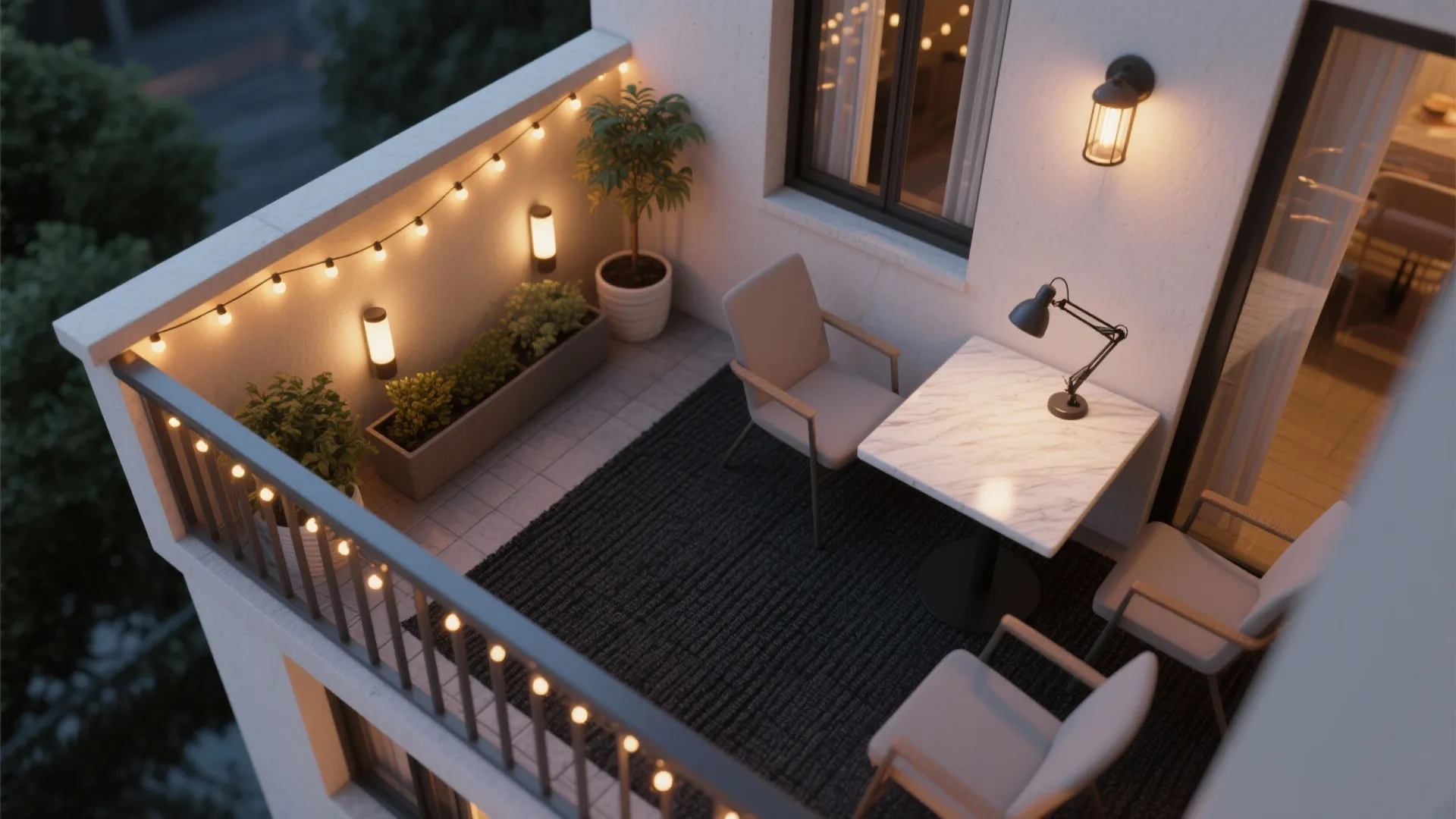 Modern balcony at night with string lights small table three chairs rug and potted green plants