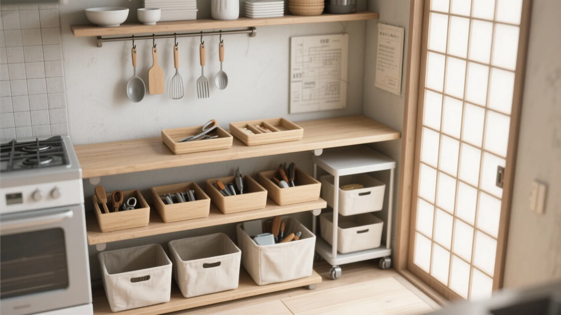 Tips 4: 「立つ・置く・吊る」の3段レイヤーで収める（収納技巧・日本都市）