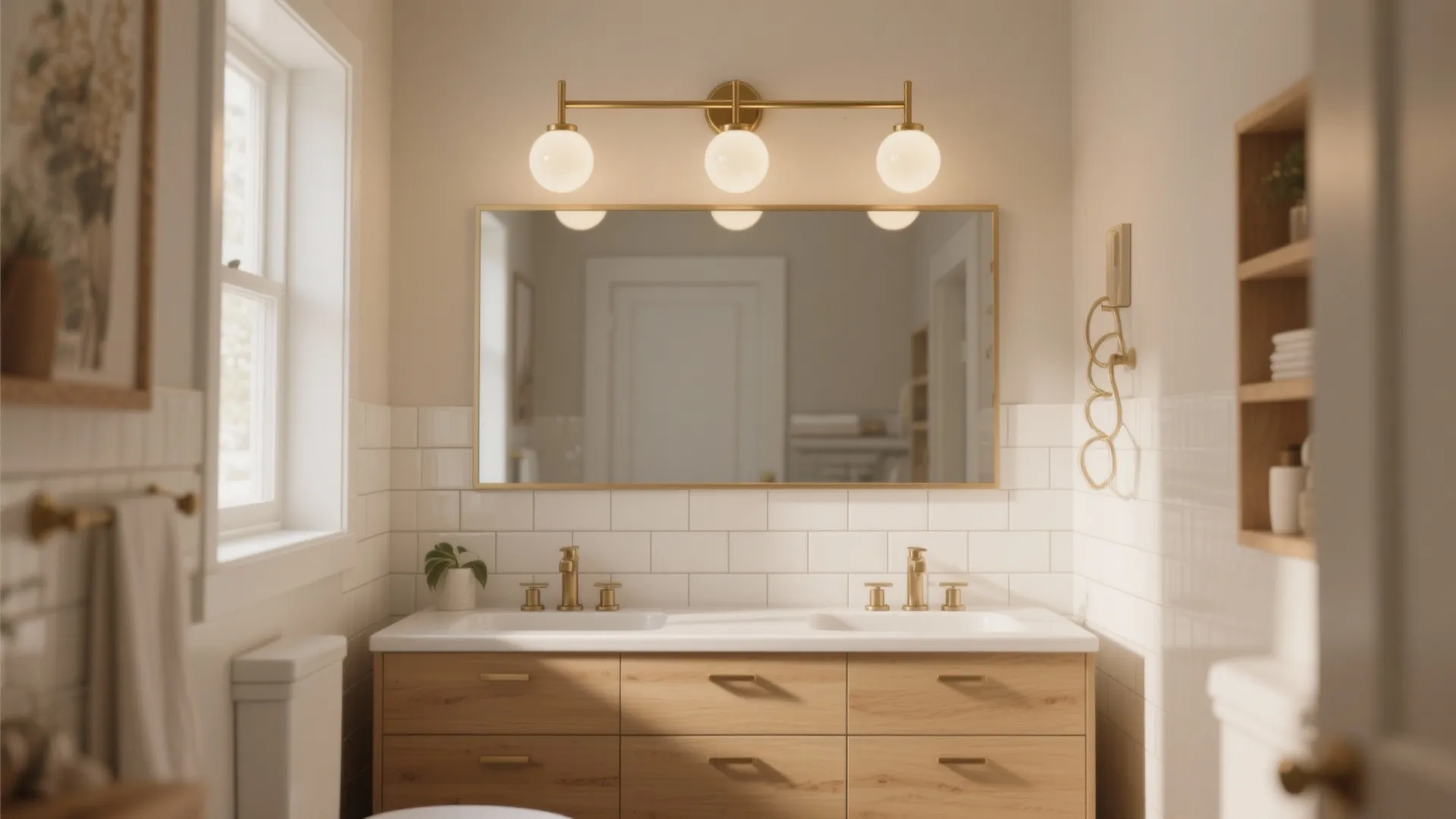 Modern bathroom with wooden cabinet double sinks large mirror and a gold wall light fixture