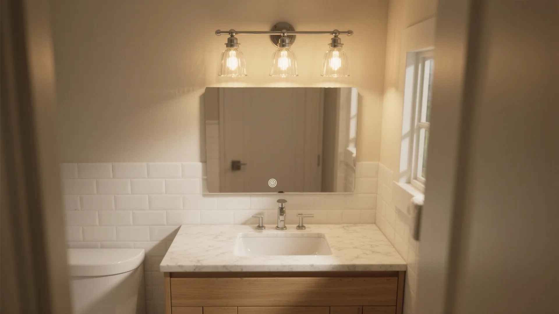 Modern bathroom with marble countertop wooden cabinet silver faucet wall mirror and triple glass light fixture