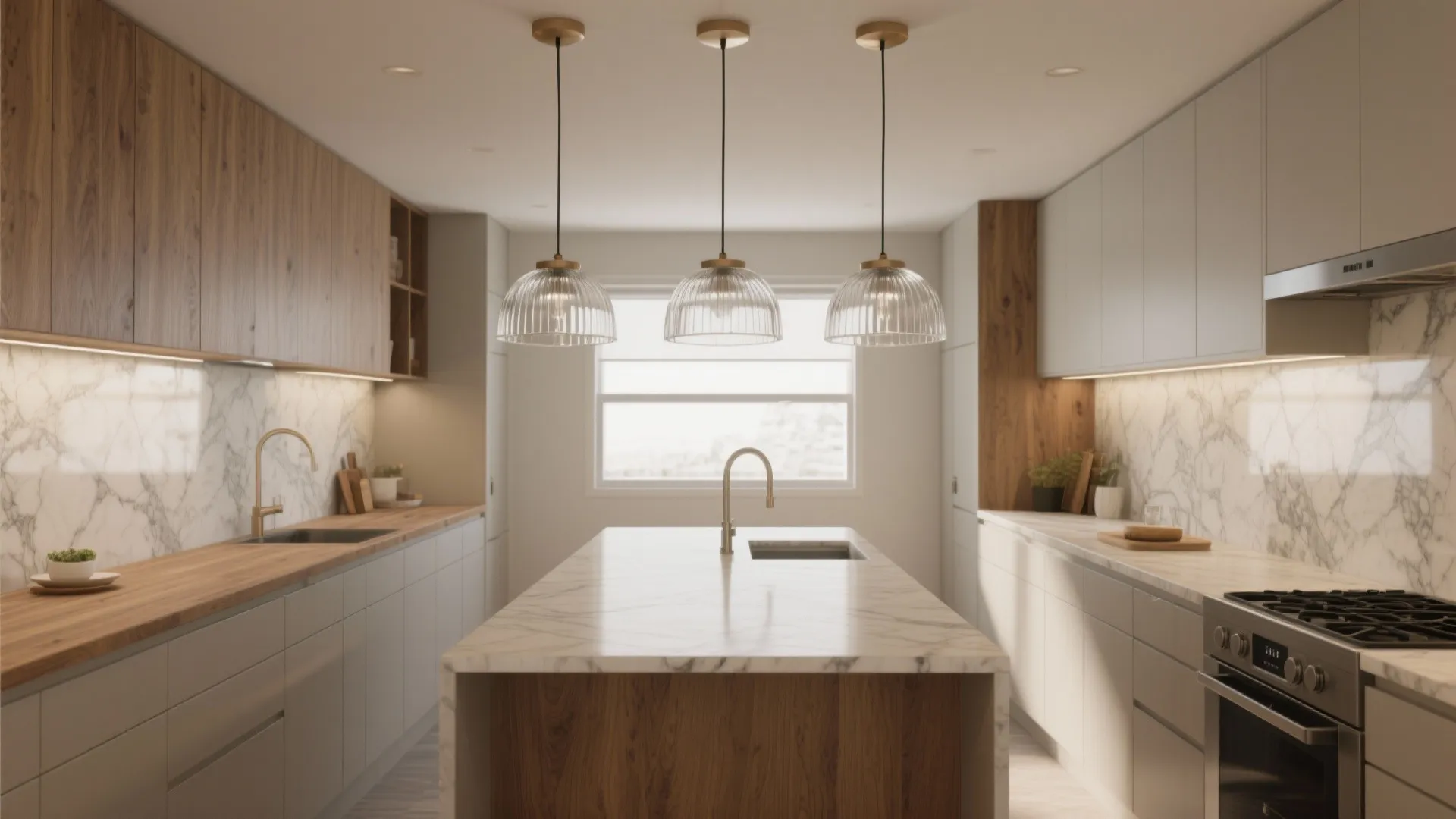Bright modern kitchen with white marble counters wood accents and three glass hanging ceiling lights