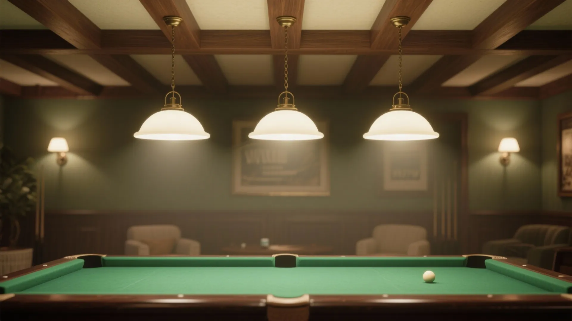 Three hanging white ceiling lights over a green pool table in a classic wooden game room