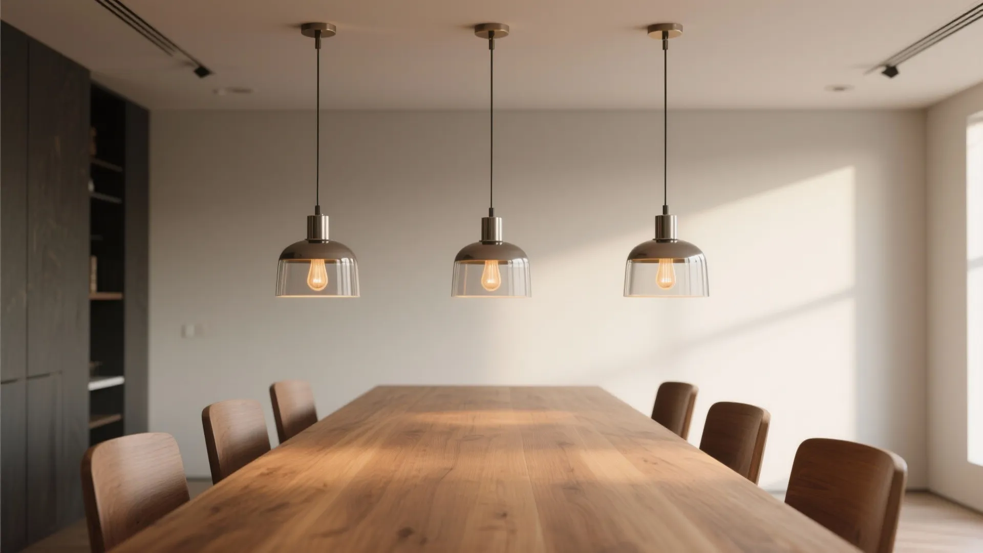 Three glass ceiling lights hanging in a row above a long wooden dining table with chairs