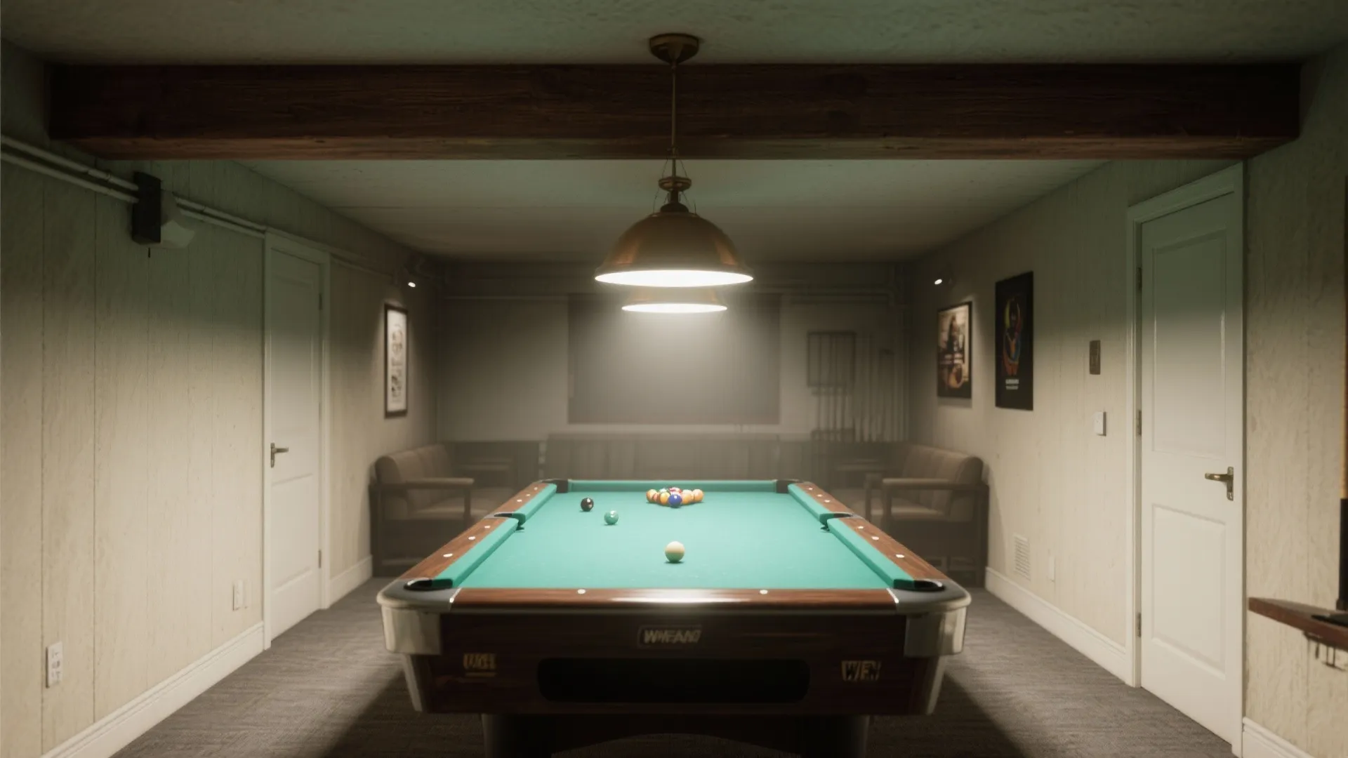 Basement game room with green pool table under brass ceiling light, wooden beams and walls