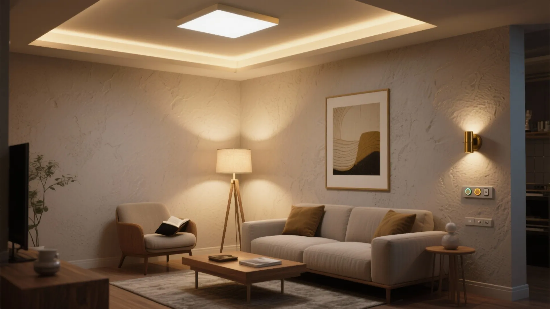 Modern living room with white sofa, floor lamp, wall light, ceiling light, and wooden furniture