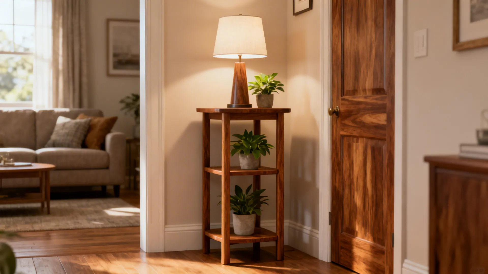 Three-tier teak side table in a small living room with lamp, decor, and a plant on different levels