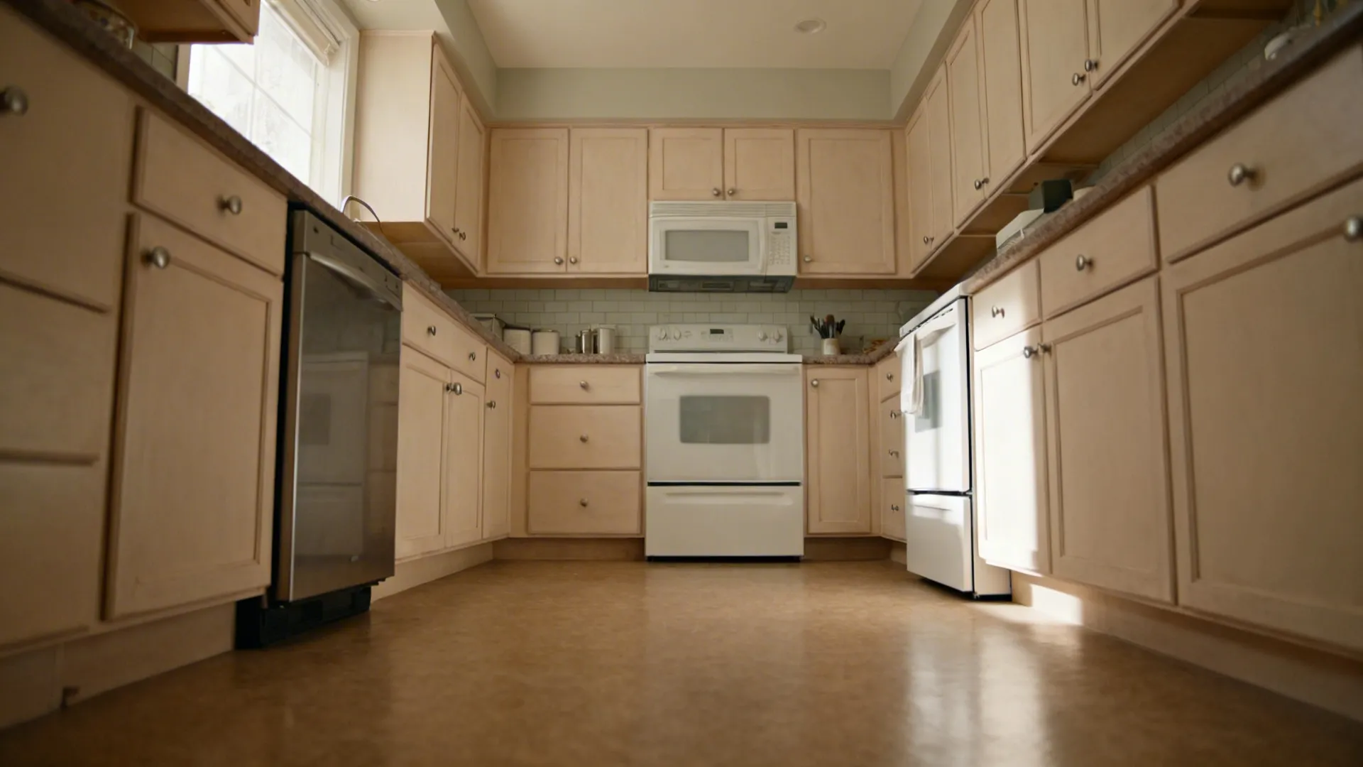 Small kitchen with three-tone palette: mid-tone floor, light cabinets, lighter backsplash.