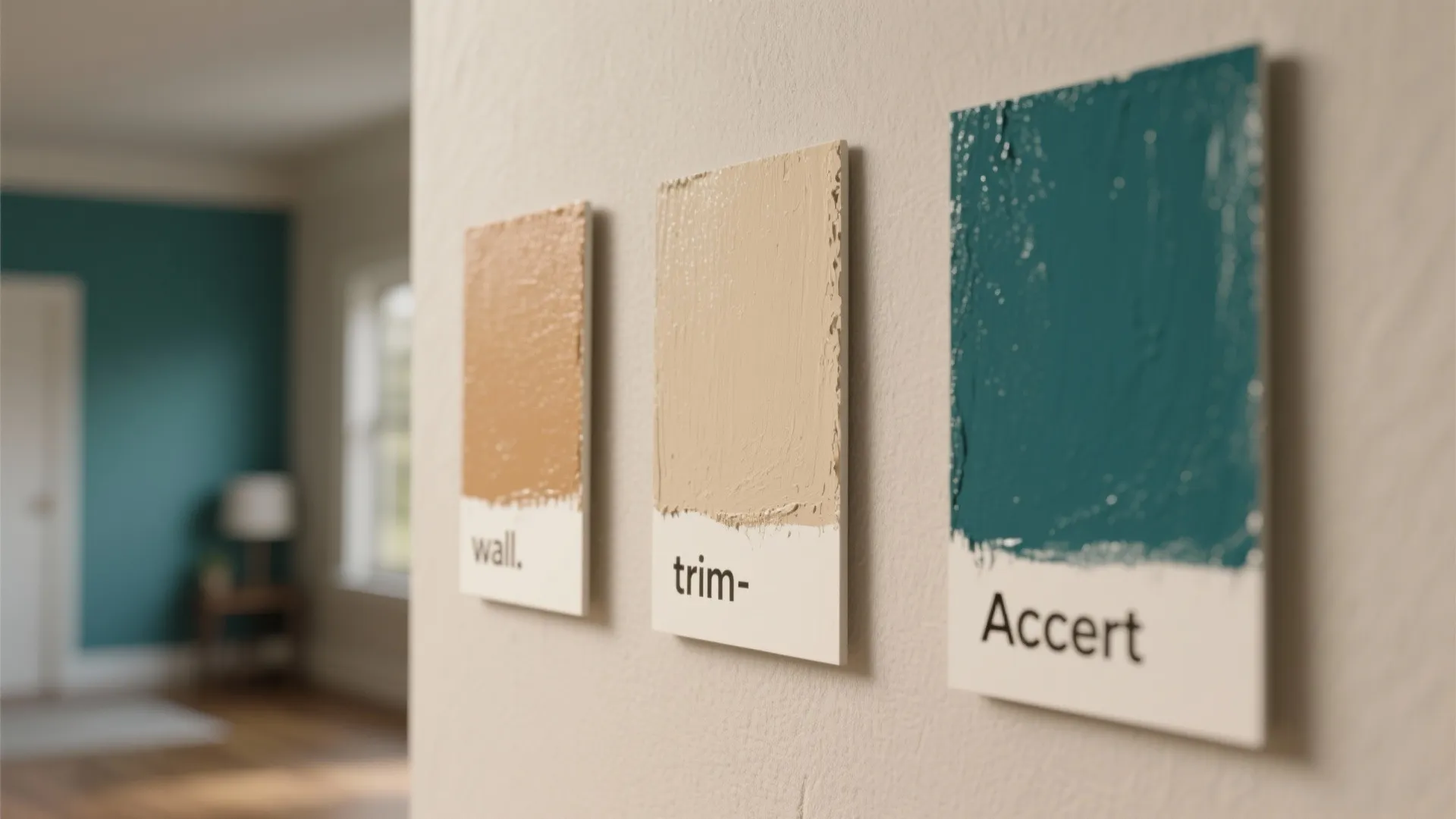 Macro view of three labeled paint chips for wall, trim, and accent with a blurred room background.