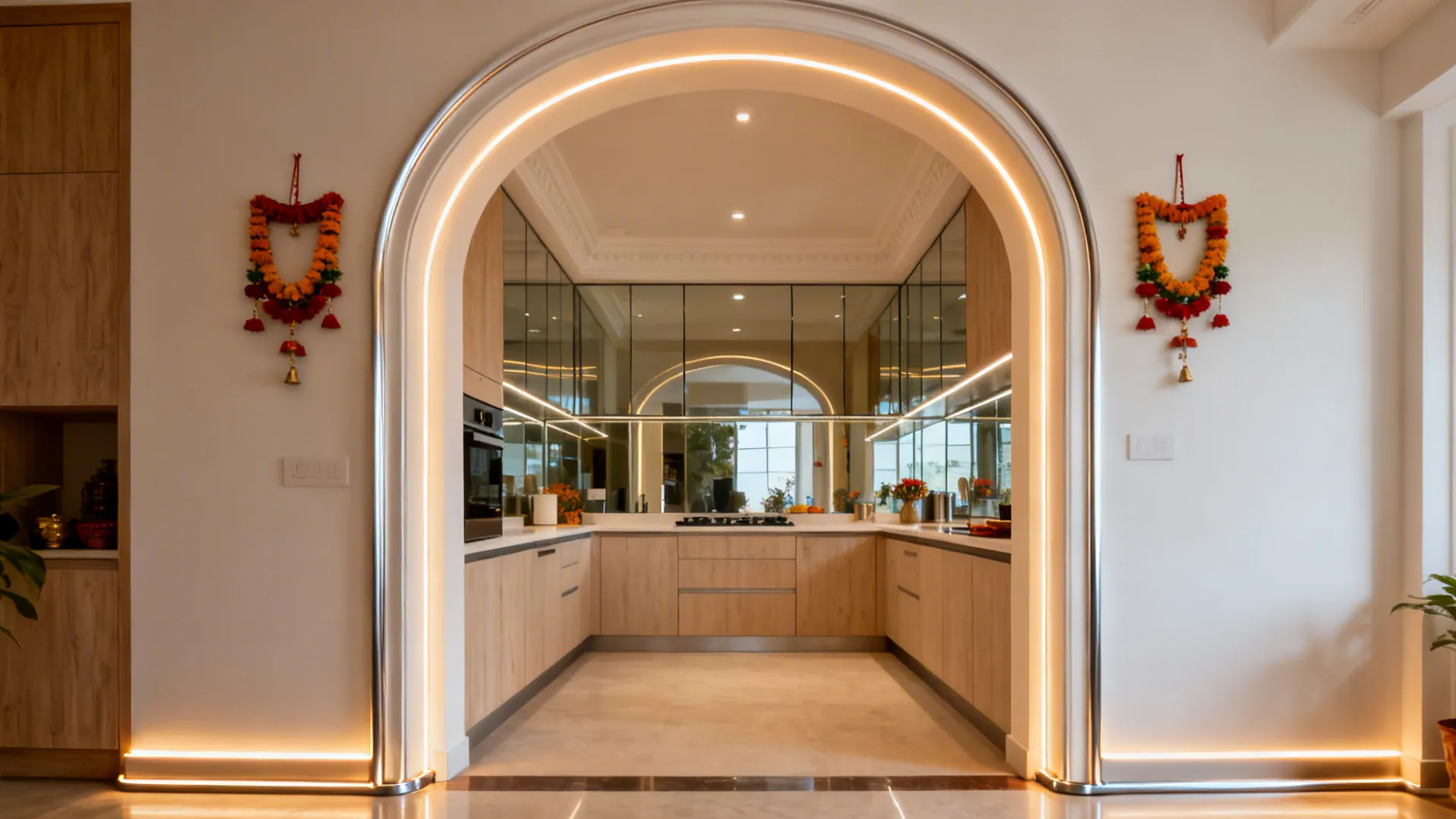 Kitchen entrance with a soft arch, toran hooks, and warm linear LED wash lighting on the jamb.