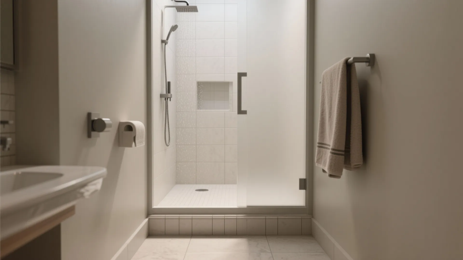 Subtle low-rise threshold at shower entrance preventing water escape