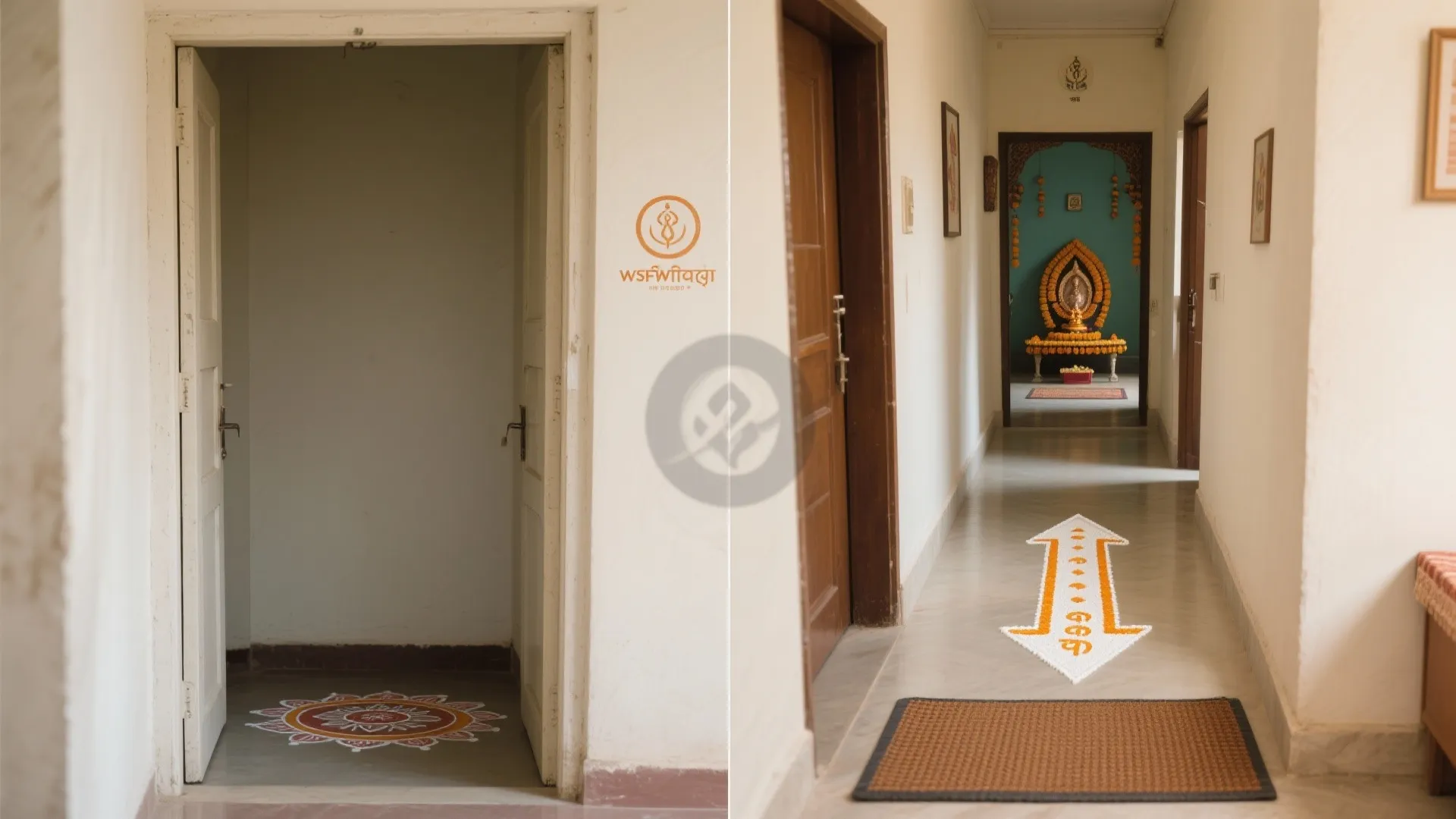 Before-and-after of a doorway without and with a narrow threshold rangoli.