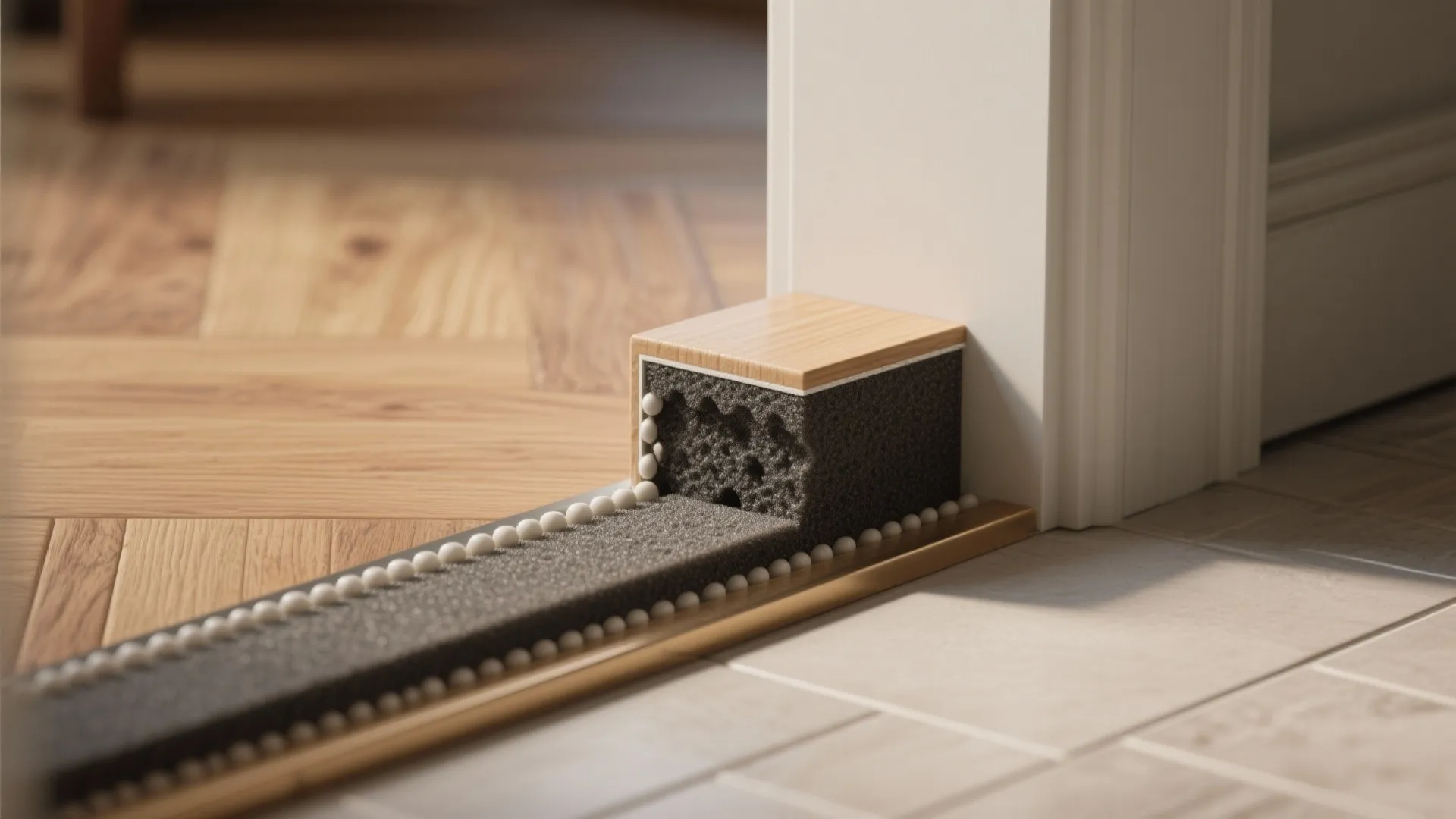 Close up of foam door seal with wood top placed between wood and tile flooring
