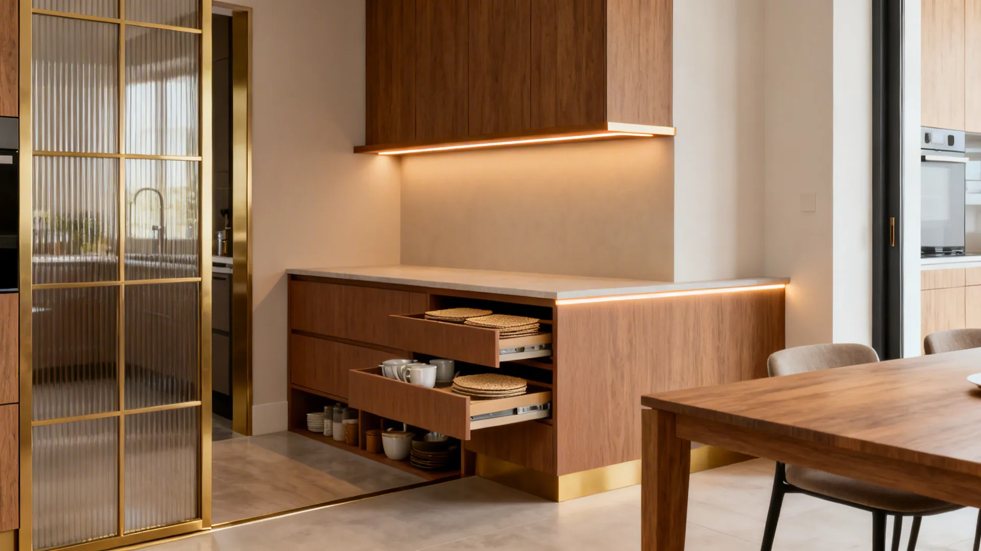 Low console with shallow drawers and a slim LED-lit ledge defines the kitchen-dining entrance.