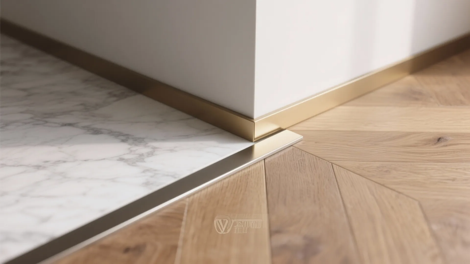 Gold metal floor transition strip connecting white marble tiles and light brown wooden floor pattern