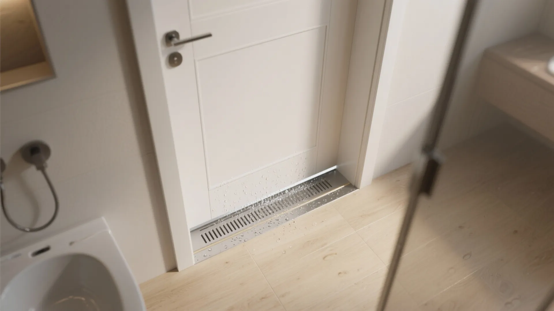 Modern bathroom door with a metal floor drain installed at the bottom of the doorway